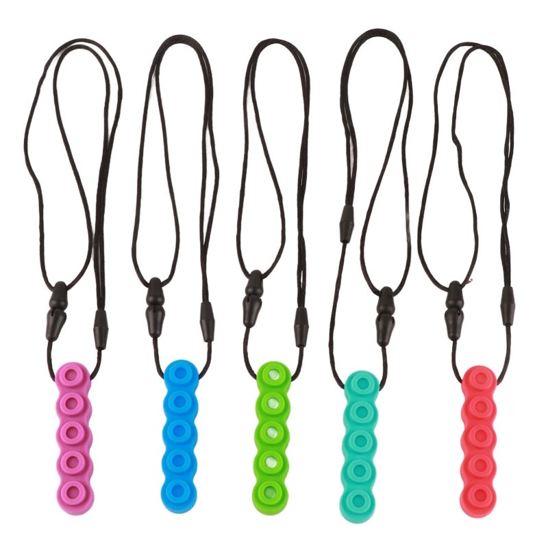 Soft Silicone Building Block Shape Chew Necklace 5 Pcs - Gum Massage Teething Toy for Autism ADHD Sensory Needs - Portable Chewable Pendant for Home Travel Shopping - Image 1