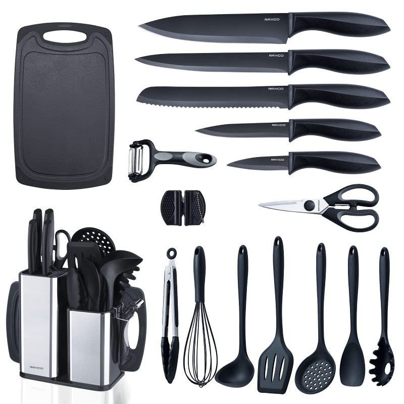 RAXCO Kitchen Utensils Set For Cooking-7 Cooking Utensils,5 Kitchen Utensils,6 Knife set,utensilios de cocina(18-in-1) (Black) - Image 1