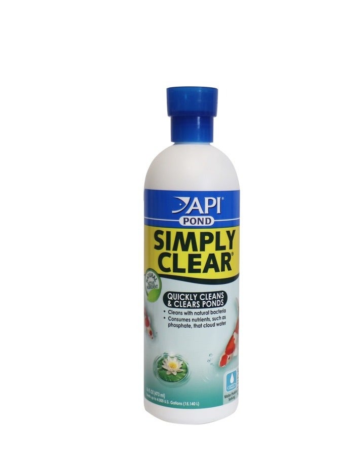 API POND SIMPLY CLEAR. QUICKLY CLEANA & CLEARS PONDS,CLEANS WITH NATURAL BACTERIA,CONSUMES NUTRIENTS, SUCH AS PHOSPHATE,THAT CLOUD WATER 16 FL OZ(473ML)