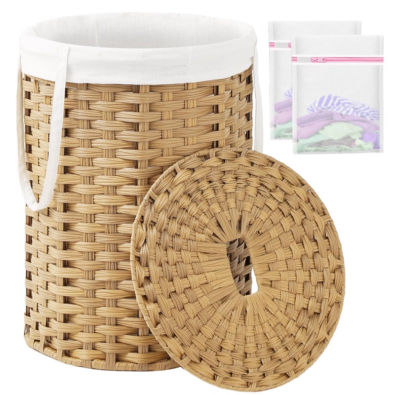 SETVSON Laundry Hamper with Lid Laundry Basket with Lid 19.0 Gal (72 L) Round Wicker Laundry Basket Handwoven Rattan Hamper Removable Bag 2 Mesh Bags Handles for Living Room Bathroom Natural - Image 1