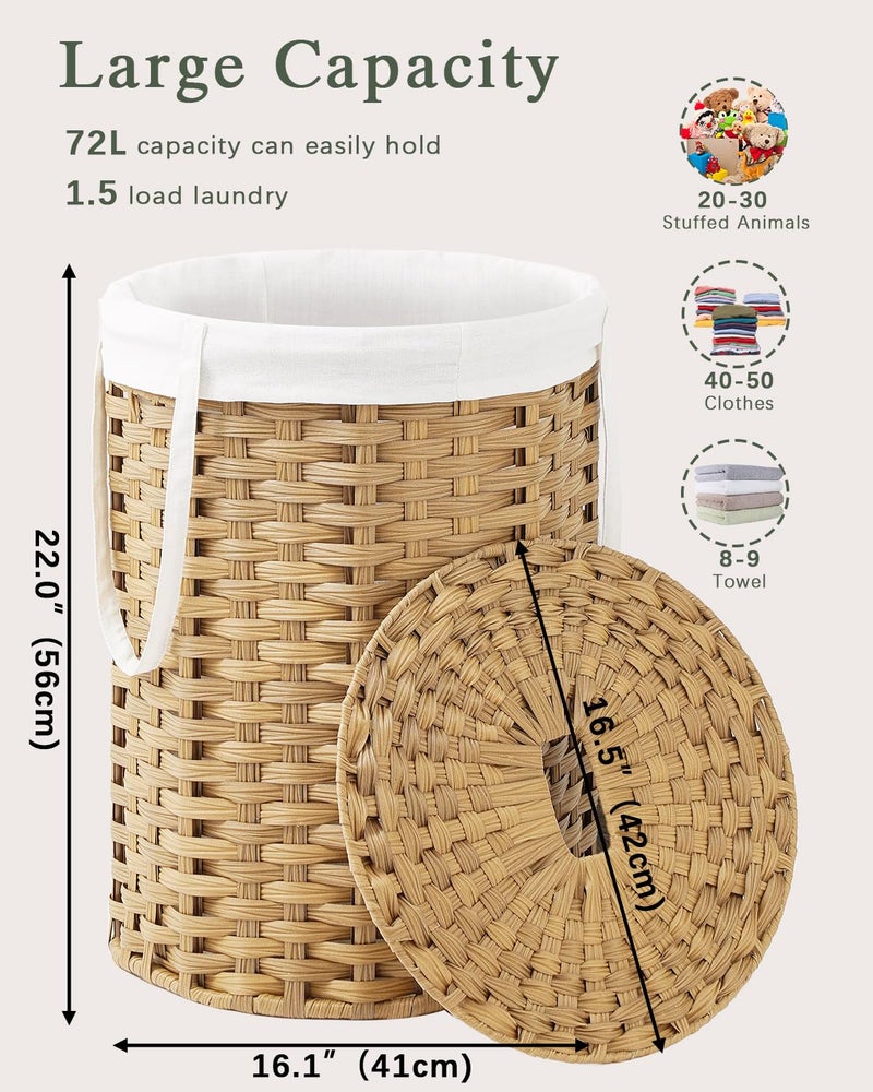 SETVSON Laundry Hamper with Lid Laundry Basket with Lid 19.0 Gal (72 L) Round Wicker Laundry Basket Handwoven Rattan Hamper Removable Bag 2 Mesh Bags Handles for Living Room Bathroom Natural - Image 4