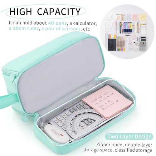 CICIMELON Large Capacity Pen Pencil Case with 4 Compartments, Multi-Slot Pencil Pouch Bag Aesthetic School Supplies Organizer for Teens Adults (Mint Green) - Image 3