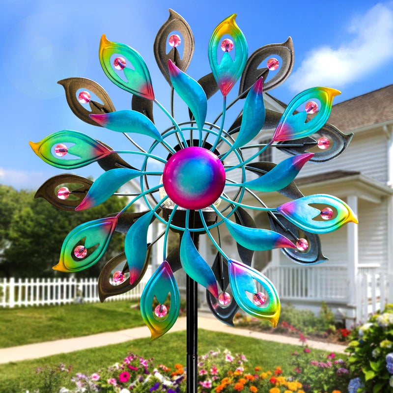 MXwcy 360Â°Peacock Solar Wind Spinner with Lights Blue Metal Garden Outdoor Decor Yard Lawn Art Decor for Patio Kinetic Windmills Unique Gifts for Friends and Family 51.9' H x 12.2'' Dia - Image 3