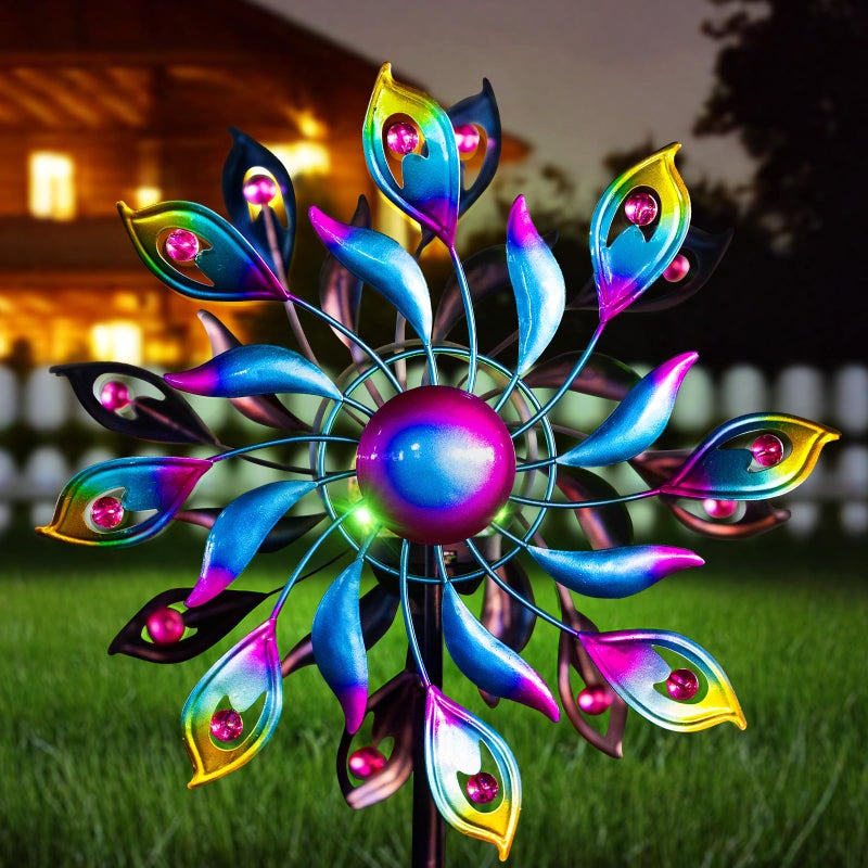 MXwcy 360Â°Peacock Solar Wind Spinner with Lights Blue Metal Garden Outdoor Decor Yard Lawn Art Decor for Patio Kinetic Windmills Unique Gifts for Friends and Family 51.9' H x 12.2'' Dia - Image 1