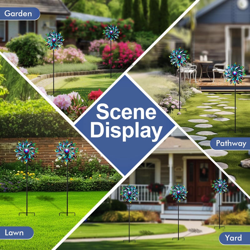 MXwcy 360Â°Peacock Solar Wind Spinner with Lights Blue Metal Garden Outdoor Decor Yard Lawn Art Decor for Patio Kinetic Windmills Unique Gifts for Friends and Family 51.9' H x 12.2'' Dia - Image 5