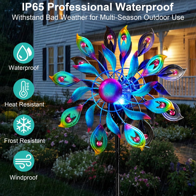 MXwcy 360Â°Peacock Solar Wind Spinner with Lights Blue Metal Garden Outdoor Decor Yard Lawn Art Decor for Patio Kinetic Windmills Unique Gifts for Friends and Family 51.9' H x 12.2'' Dia - Image 2