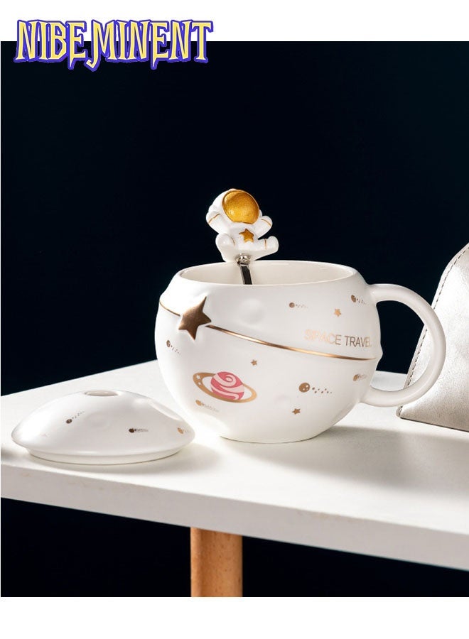 NIBEMINENT Astronaut Cup Space Embossed Planet Mug, Cute Ceramic Coffee Mug, Novelty Mug with Lid and Spoon for Coffee, Tea, Milk, Aesthetic Room Decor Funny Gift Birthday for Girl Boy Women (white) - Image 3