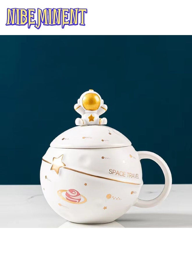 NIBEMINENT Astronaut Cup Space Embossed Planet Mug, Cute Ceramic Coffee Mug, Novelty Mug with Lid and Spoon for Coffee, Tea, Milk, Aesthetic Room Decor Funny Gift Birthday for Girl Boy Women (white) - Image 1