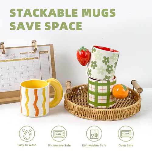 DIF DECO Ceramic Coffee Mugs Set of 3, Stackable Funny Tea Cup with Unique Fruit Shape Aesthetic Mug with Handle for Latte/Cappuccino/Cocoa - Microwave and Dishwasher Safe (14oz) - Image 5