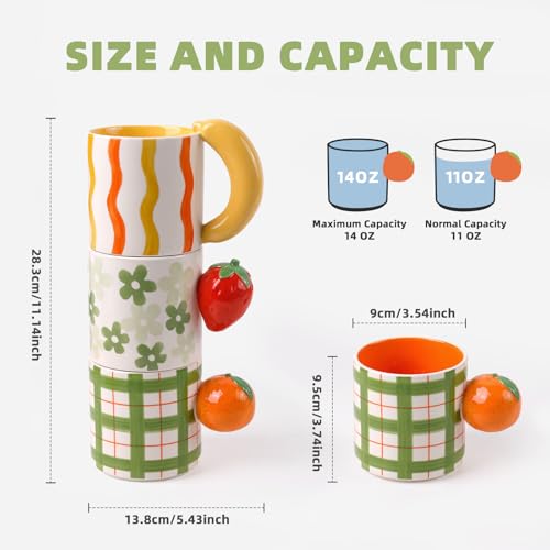 DIF DECO Ceramic Coffee Mugs Set of 3, Stackable Funny Tea Cup with Unique Fruit Shape Aesthetic Mug with Handle for Latte/Cappuccino/Cocoa - Microwave and Dishwasher Safe (14oz) - Image 2