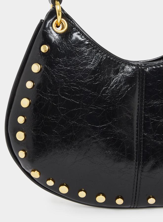 Styli Black Studded Baguette Bag with Chain Strap - Image 2