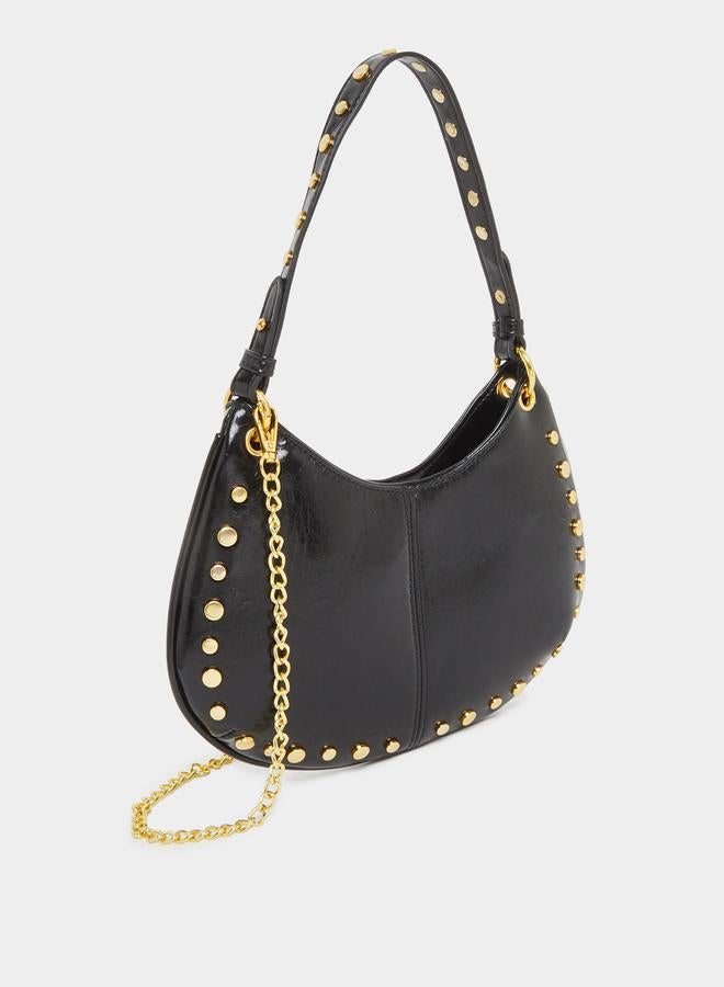 Styli Black Studded Baguette Bag with Chain Strap - Image 1