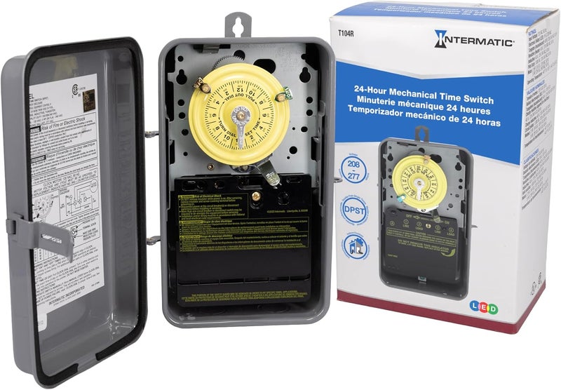 Intermatic T104R 24 Hour Mechanical Timer Switch - 208–277 VAC, DPST, Type 3R Indoor/Outdoor Metal Enclosure, Heavy-Duty, Manual Override, 40 Amp – Ideal for Lights, Pumps, Fans, and HVAC Systems - Image 1