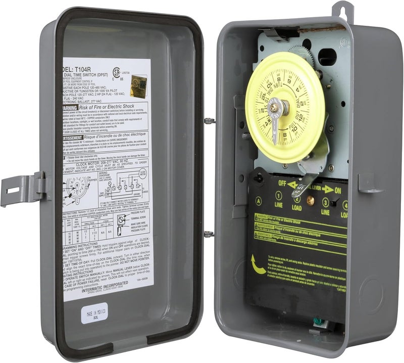 Intermatic T104R 24 Hour Mechanical Timer Switch - 208–277 VAC, DPST, Type 3R Indoor/Outdoor Metal Enclosure, Heavy-Duty, Manual Override, 40 Amp – Ideal for Lights, Pumps, Fans, and HVAC Systems - Image 3