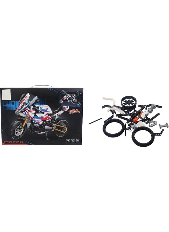 2-in-1 Building Blocks Motorcycle and Aerobat Set - 521 Pieces - Ages 6+ - Blue Racing Motorcycle