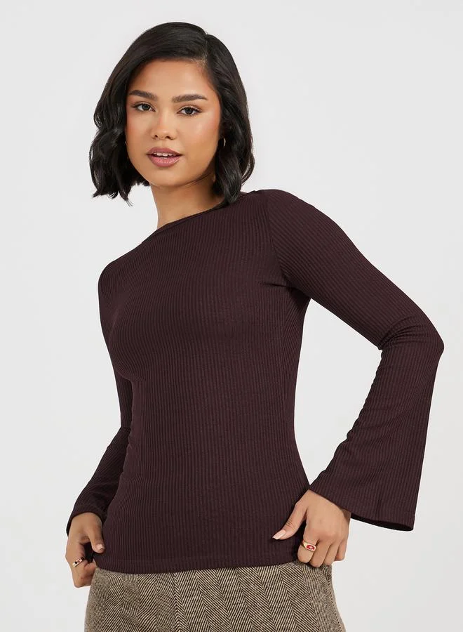 Styli Rib Knit Top with Flared Sleeves