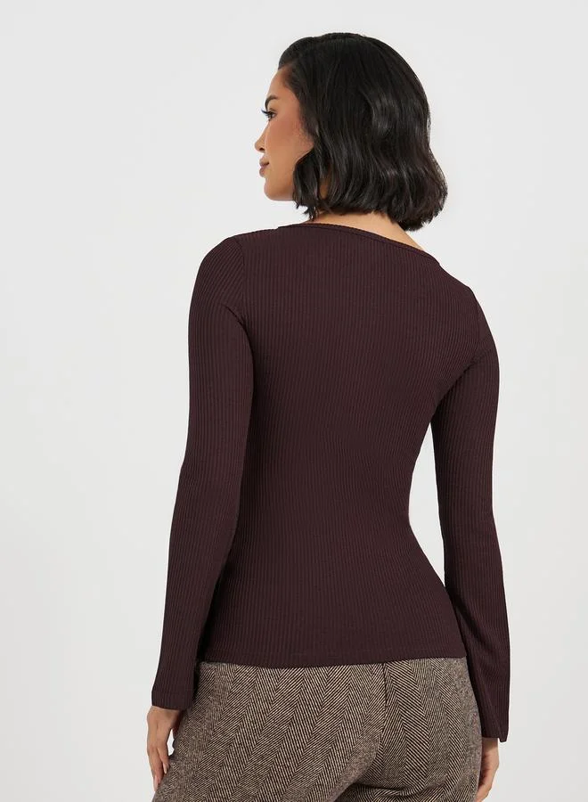 Styli Rib Knit Top with Flared Sleeves