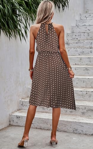 ECOWISH Polka Dot Women Summer Dress Midi A Line Flowy High Low Sleeveless Boho Floral Halterneck Cocktail Tops Sundress 2025 Coffee Medium - Image 2