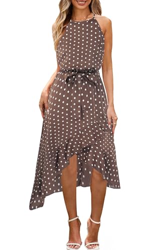 ECOWISH Polka Dot Women Summer Dress Midi A Line Flowy High Low Sleeveless Boho Floral Halterneck Cocktail Tops Sundress 2025 Coffee Medium - Image 1