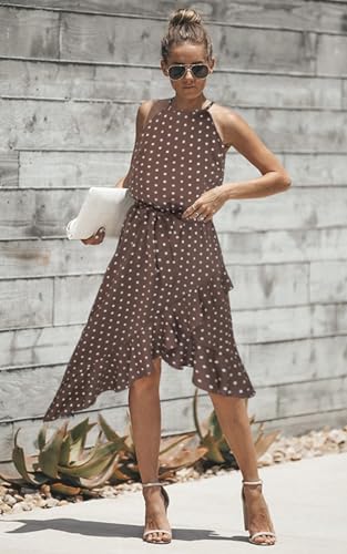 ECOWISH Polka Dot Women Summer Dress Midi A Line Flowy High Low Sleeveless Boho Floral Halterneck Cocktail Tops Sundress 2025 Coffee Medium - Image 4