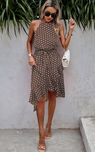 ECOWISH Polka Dot Women Summer Dress Midi A Line Flowy High Low Sleeveless Boho Floral Halterneck Cocktail Tops Sundress 2025 Coffee Medium - Image 3