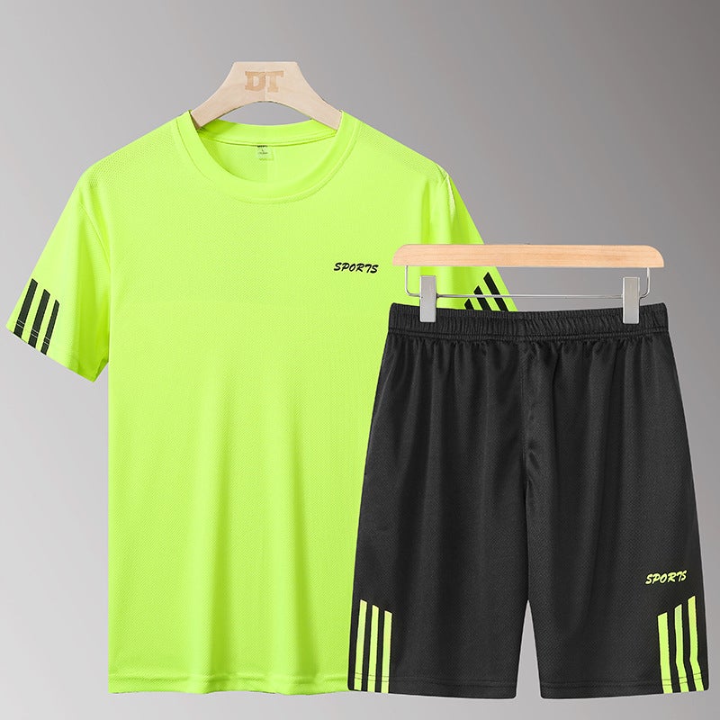Summer Casual Sports Suit Mens Short-sleeved T-shirt 2020 New Shorts Quick-drying Breathable Fitness Wear Two-piece Set Fluorescent green - Image 1
