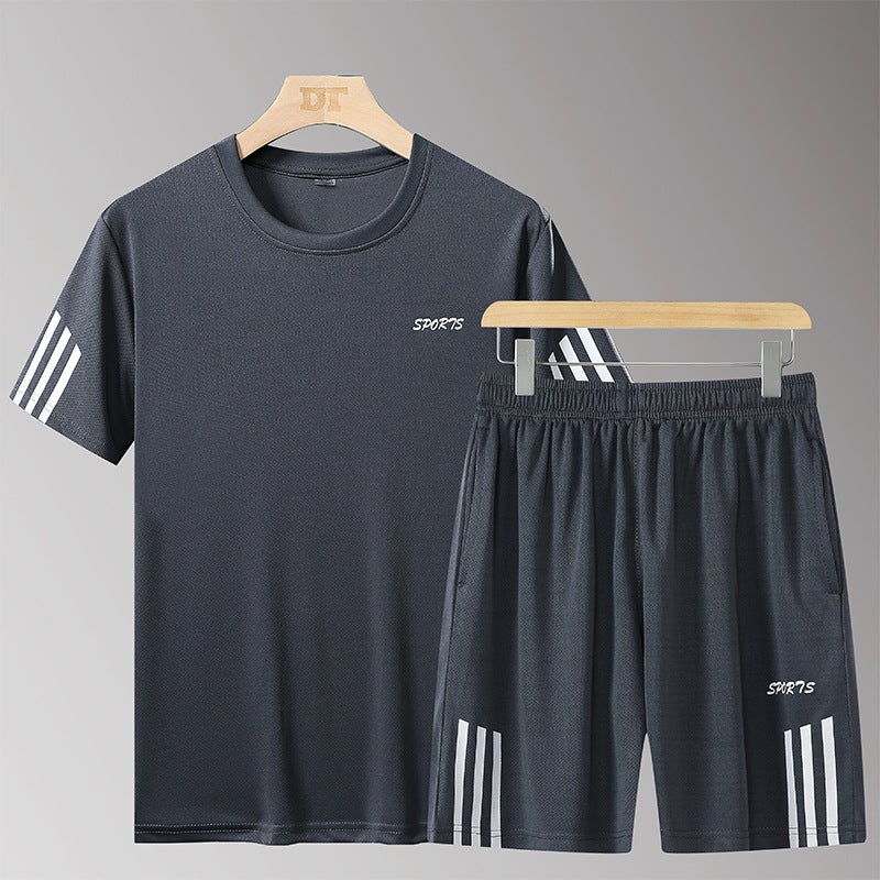 Summer Casual Sports Suit Mens Short-sleeved T-shirt 2020 New Shorts Quick-drying Breathable Fitness Wear Two-piece Set Fluorescent green - Image 3
