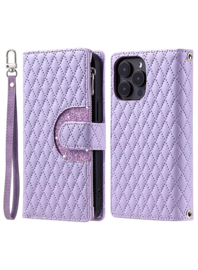 Zaboon Case For iPhone 13 Pro Max Glitter Lattice Zipper Wallet Leather Phone Case - Image 3