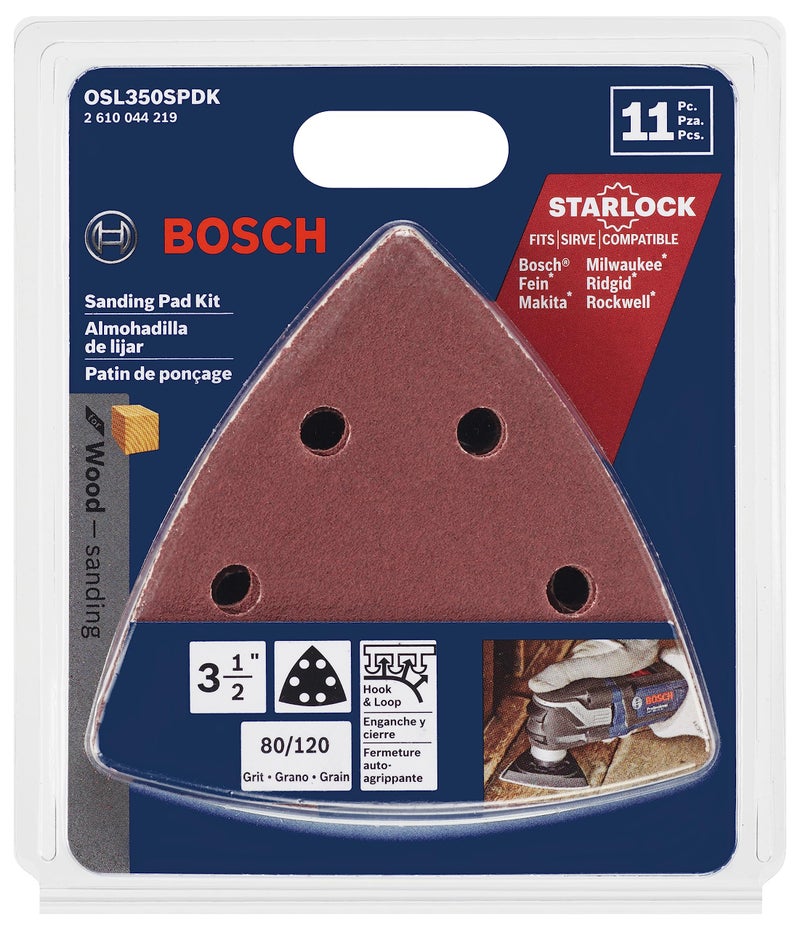 BOSCH OSL350SPDK 11-Piece 3-1/2 In. Starlock Oscillating Multi Tool 80 & 120 Grit Hook-and-Loop Delta Sanding Pad Assorted Kit for Multipurpose Sanding Applications in Plywood, Hardwoods, Softwoods - Image 3