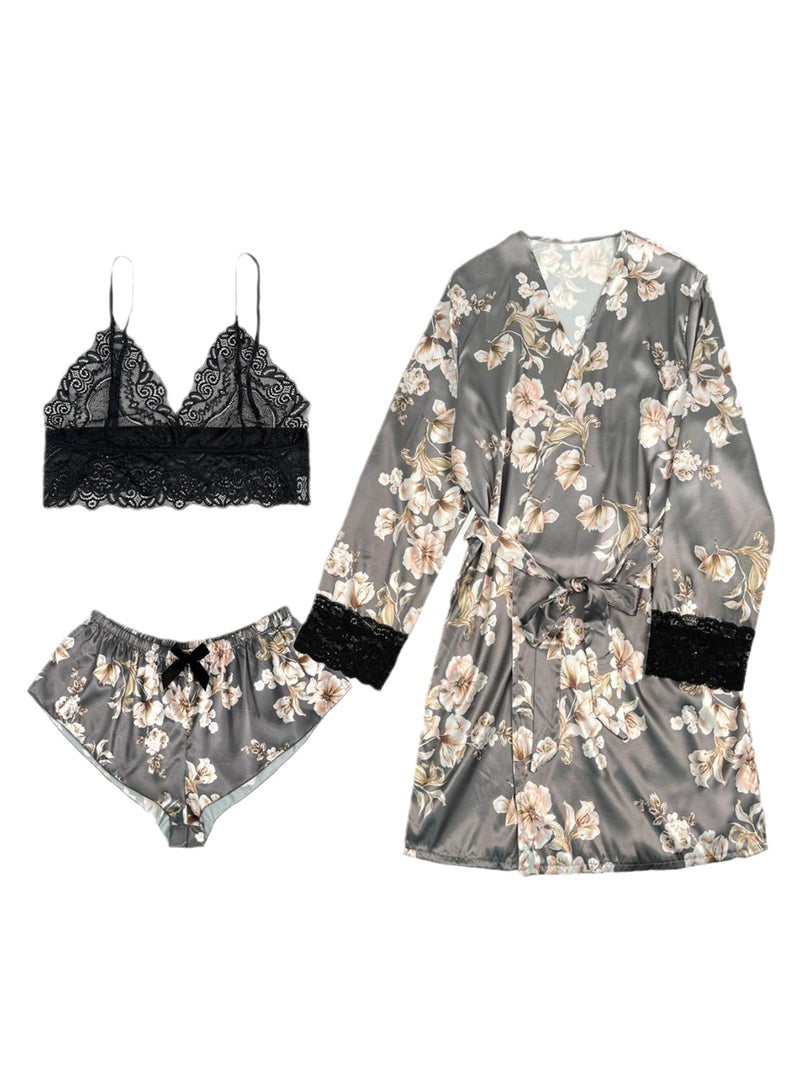 3pcs women's pajamas lace cardigan pajamas set - Image 1