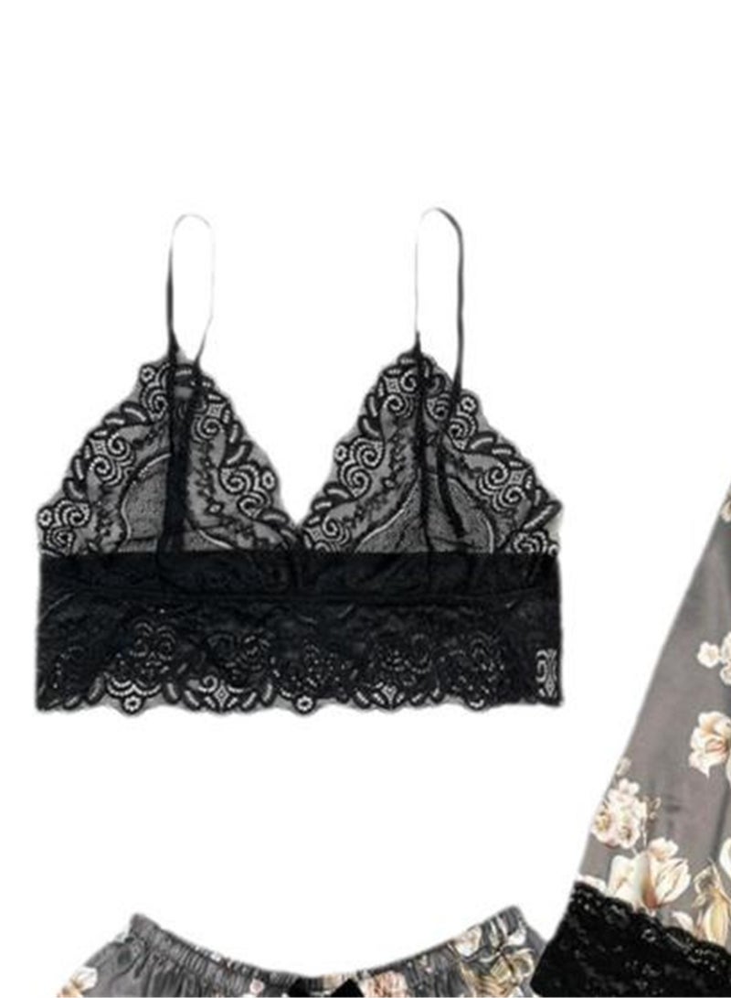3pcs women's pajamas lace cardigan pajamas set - Image 3
