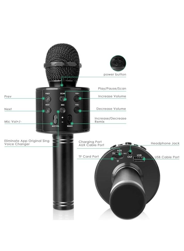 Wireless Bluetooth Karaoke Microphone for Kids, 5-in-1 Portable Handheld Karaoke Mic Speaker Player Recorder with Adjustable Remix FM Radio for Kids Girls Boys Teens Birthday (Black)  - Image 4