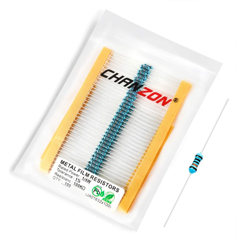 CHANZON 100pcs 100K Ω ohm Resistor 1/4W (0.25W) Metal Film Fixed Resistor 0.01 ±1% Tolerance 100KR MF Through Hole Resistors Current Limiting Rohs Certificated - Image 1
