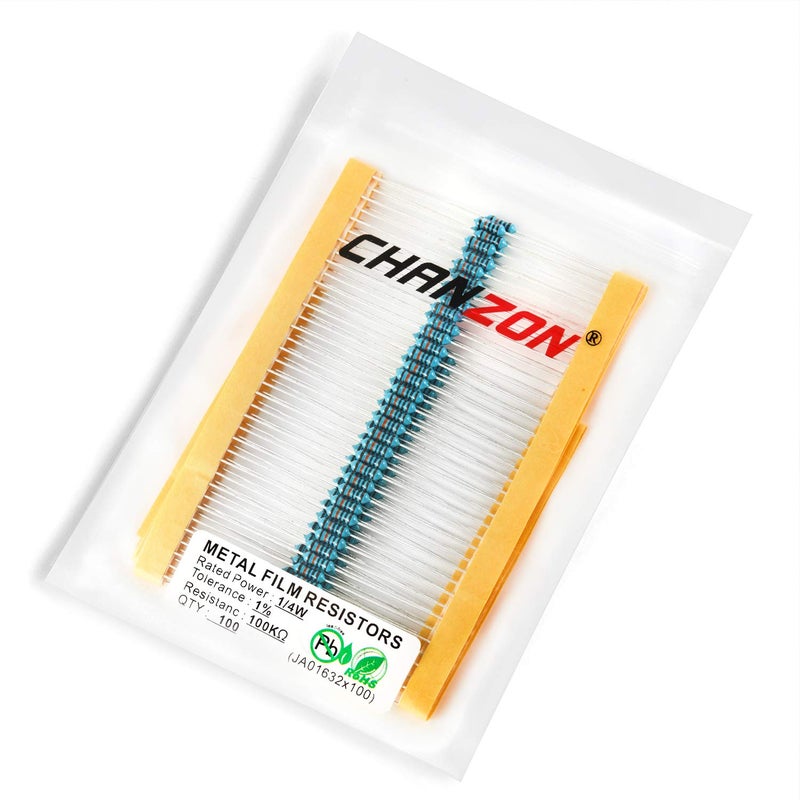 CHANZON 100pcs 100K Ω ohm Resistor 1/4W (0.25W) Metal Film Fixed Resistor 0.01 ±1% Tolerance 100KR MF Through Hole Resistors Current Limiting Rohs Certificated - Image 4