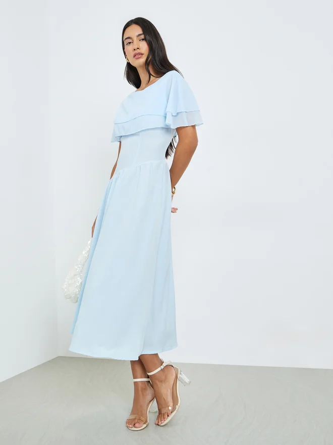 Styli Blue Layered Yoke A-Line Maxi Dress