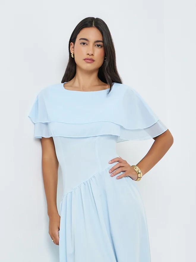 Styli Styli Blue Layered Yoke A-Line Maxi Dress