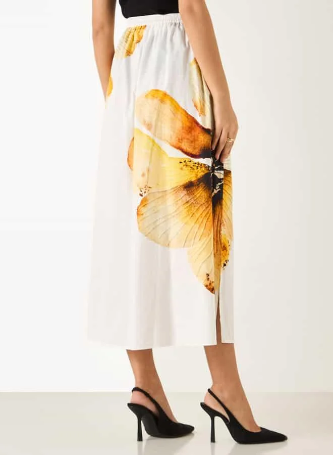Iconic Iconic Floral Print Midi Skirt with Elasticated Waistband