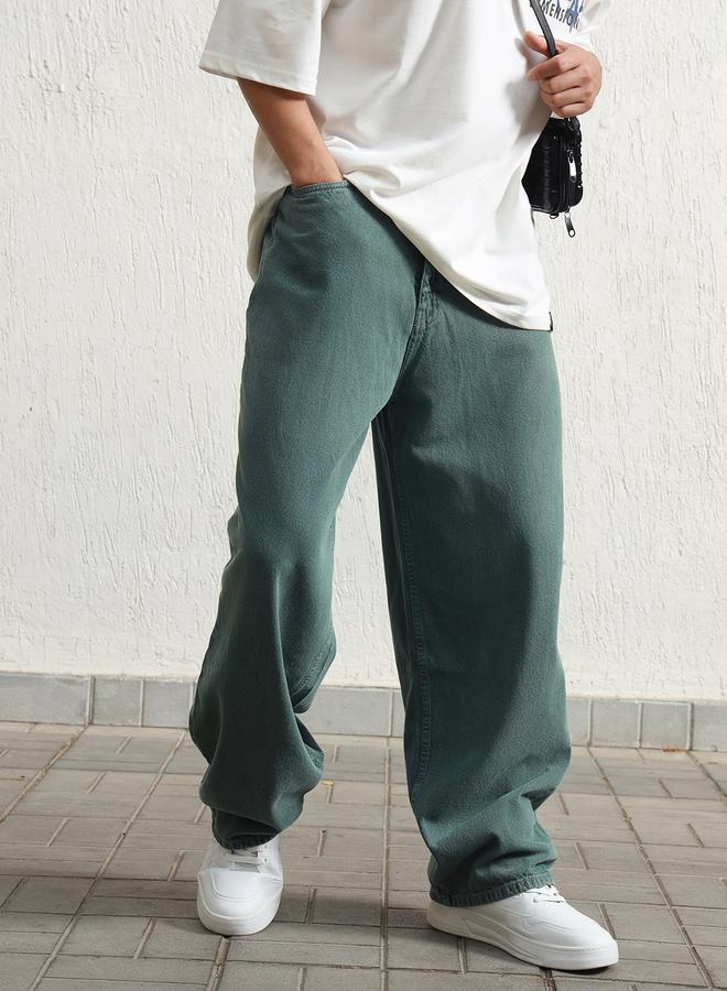 هوبرهولمي جينز واسع أخضر بتصميم مغسول من القطن 1% بإغلاق بأزرار - Image 5