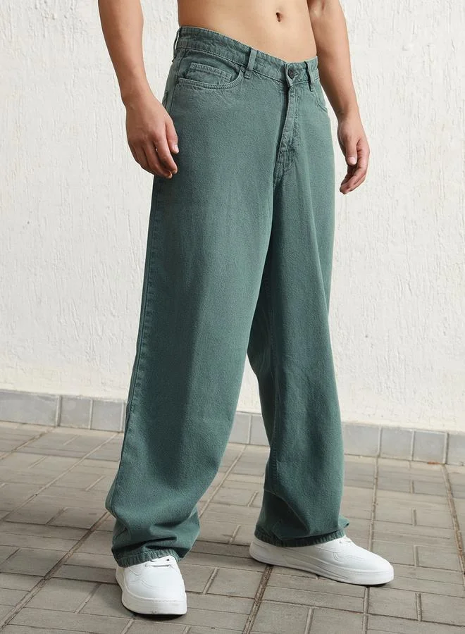 Hubberholme  Green Baggy Jeans Washed design crafted from 100% Cotton with Button closure. for Men | Best Price UAE