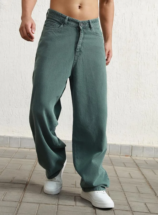 Hubberholme Green Baggy Jeans Washed design crafted from 100% Cotton with Button closure.
