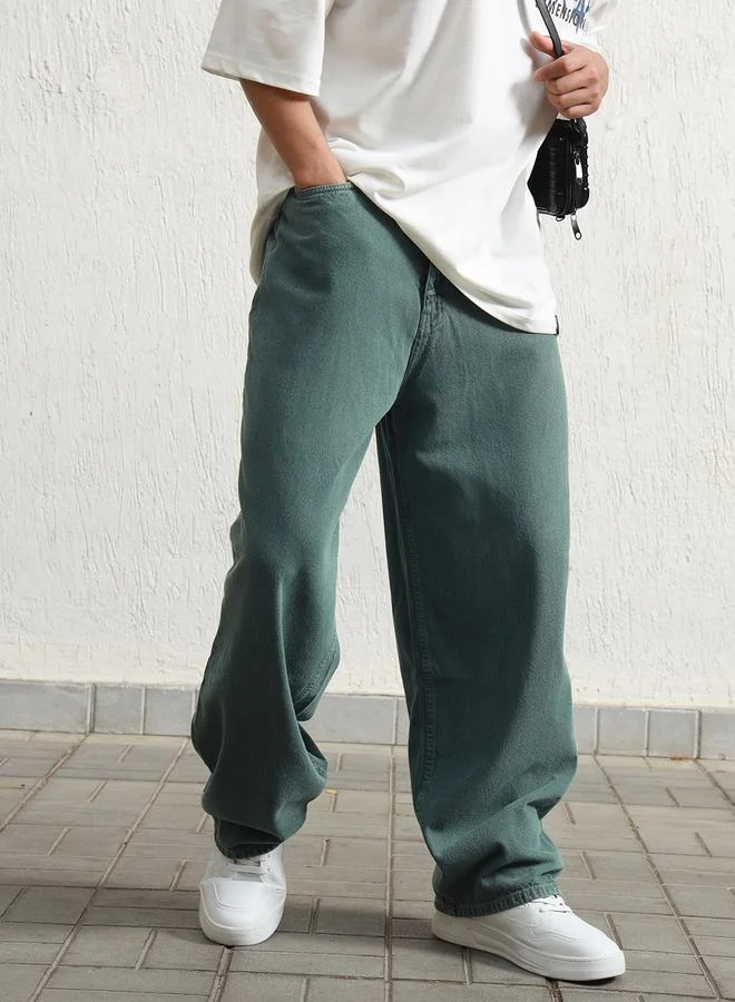 Hubberholme  Green Baggy Jeans Washed design crafted from 100% Cotton with Button closure. for Men | Best Price UAE