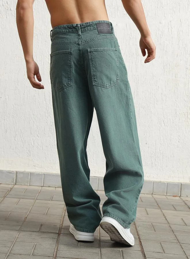 Hubberholme  Green Baggy Jeans Washed design crafted from 100% Cotton with Button closure. for Men | Best Price UAE