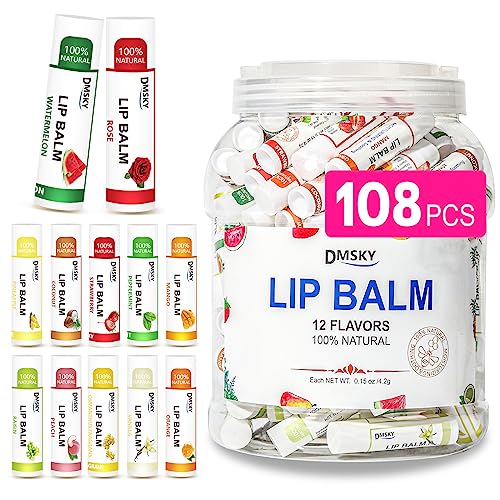 DMSKY Lip Balm Bulk 108 Pack, Lip Balm Hydrating with Vitamin E and Coconut Oil 12 Flavors, Lip Moisturizer Treatment - Party Favors Bulk Gift - Image 1
