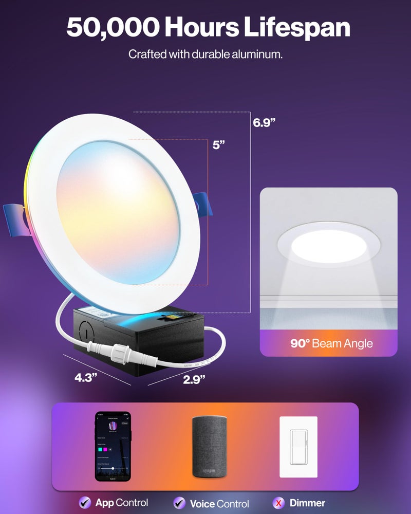 Sunco Lighting Sunco 6 Pack 6 Inch Smart Ultra Thin LED Recessed Ceiling Lights with Night Light, Tunable CCT 2700K to 6000K, Dimmable, 15W, Smooth Trim, Canless with Junction Box - Image 5