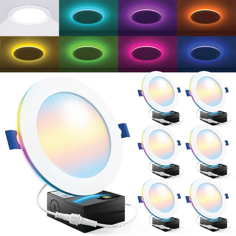 Sunco Lighting Sunco 6 Pack 6 Inch Smart Ultra Thin LED Recessed Ceiling Lights with Night Light, Tunable CCT 2700K to 6000K, Dimmable, 15W, Smooth Trim, Canless with Junction Box - Image 1