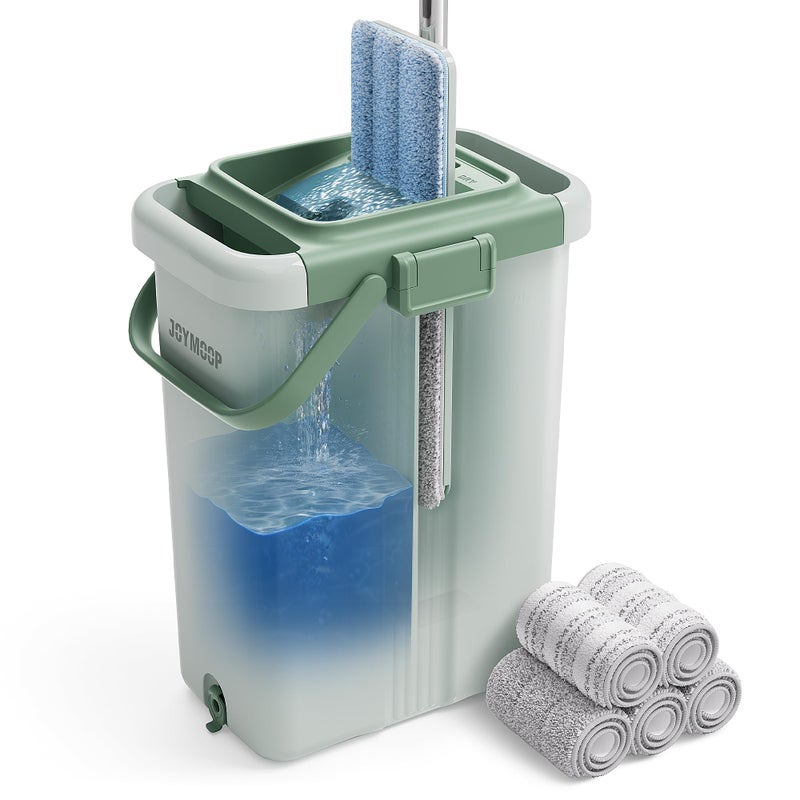 JOYMOOP Mop and Bucket Set - Mops for Floor Cleaning & Wall Cleaner with Long Handle, Include 5 Microfiber Mop Pads - Green Bucket (X-Large) - Image 1