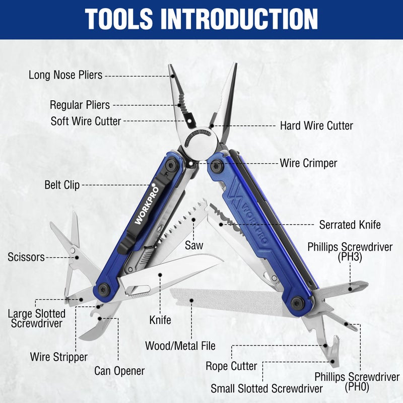 WORKPRO 18-in-1 Multi Tool Pliers, Gifts for Dad, Stainless Steel EDC Multitool with Pocket Knife, 2 Safety Locks, Belt Clip and Oxford Pouch, Multipurpose Utility Multiuse Tool for Outdoor Activities - Image 2