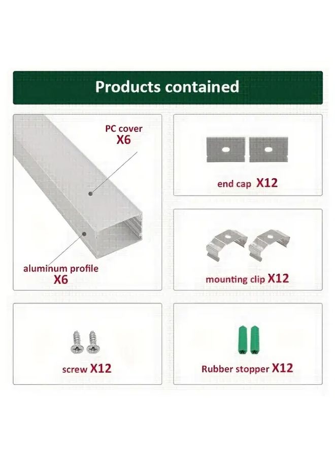 Silver Aluminum U Shaped LED Channel Kit with Milky Cover 1m 6pcs - Image 2