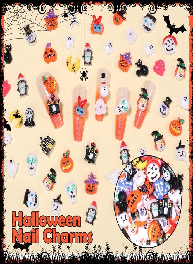 Uotey 100 Pcs Assorted Halloween Nail Charms, Mini Figurines Cute Pumpkin Ghost Skeleton Halloween Resin Nail Art Charms, Halloween Ghost Moon Pumpkin Charm for Acrylic Nails Supplies - Image 4
