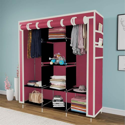 GTC® 6+2 Layer Fancy and Portable Foldable Collapsible Closet Cabinet Wardrobe Cloth Organizer Shelves Racks Non Woven Fabric and PP Plastic Maroon (Self Assemble) Storage Unit 88330 Maroon - Image 1